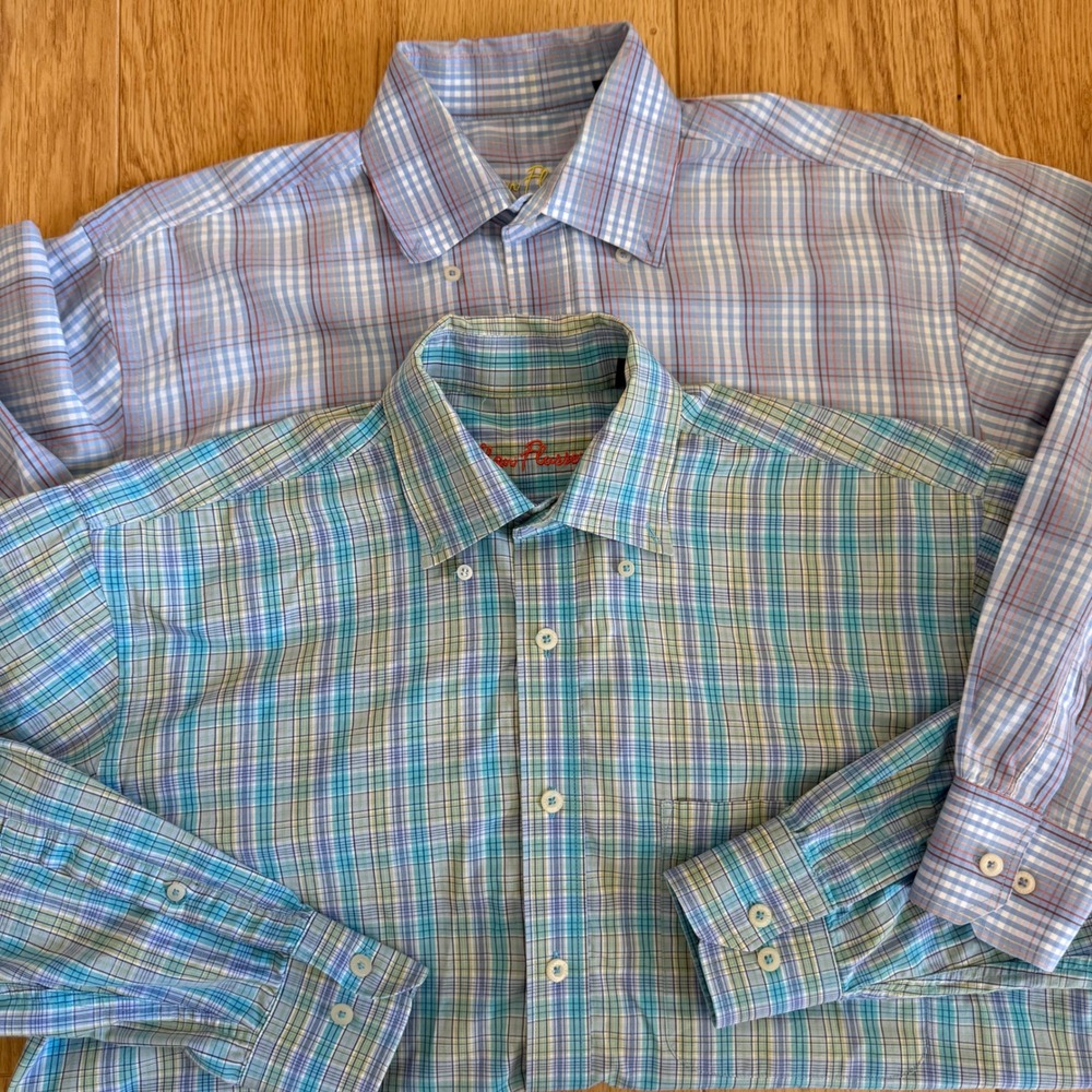 Alan Flusser‎ Button Down Shirt Mens M Blue Green Plaid Cotton 2 Pack